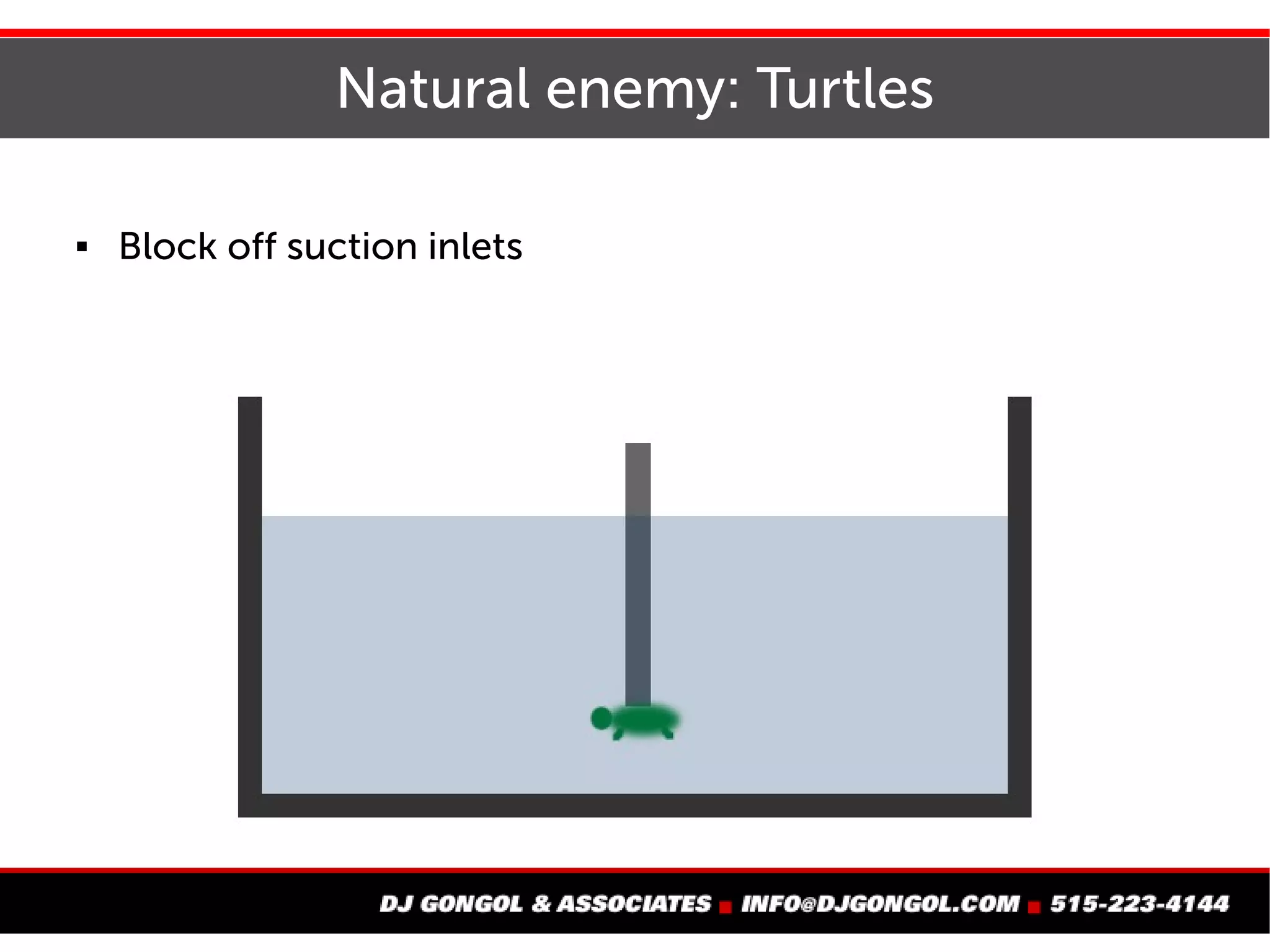 Natural enemy: Turtles
 Block off suction inlets
 