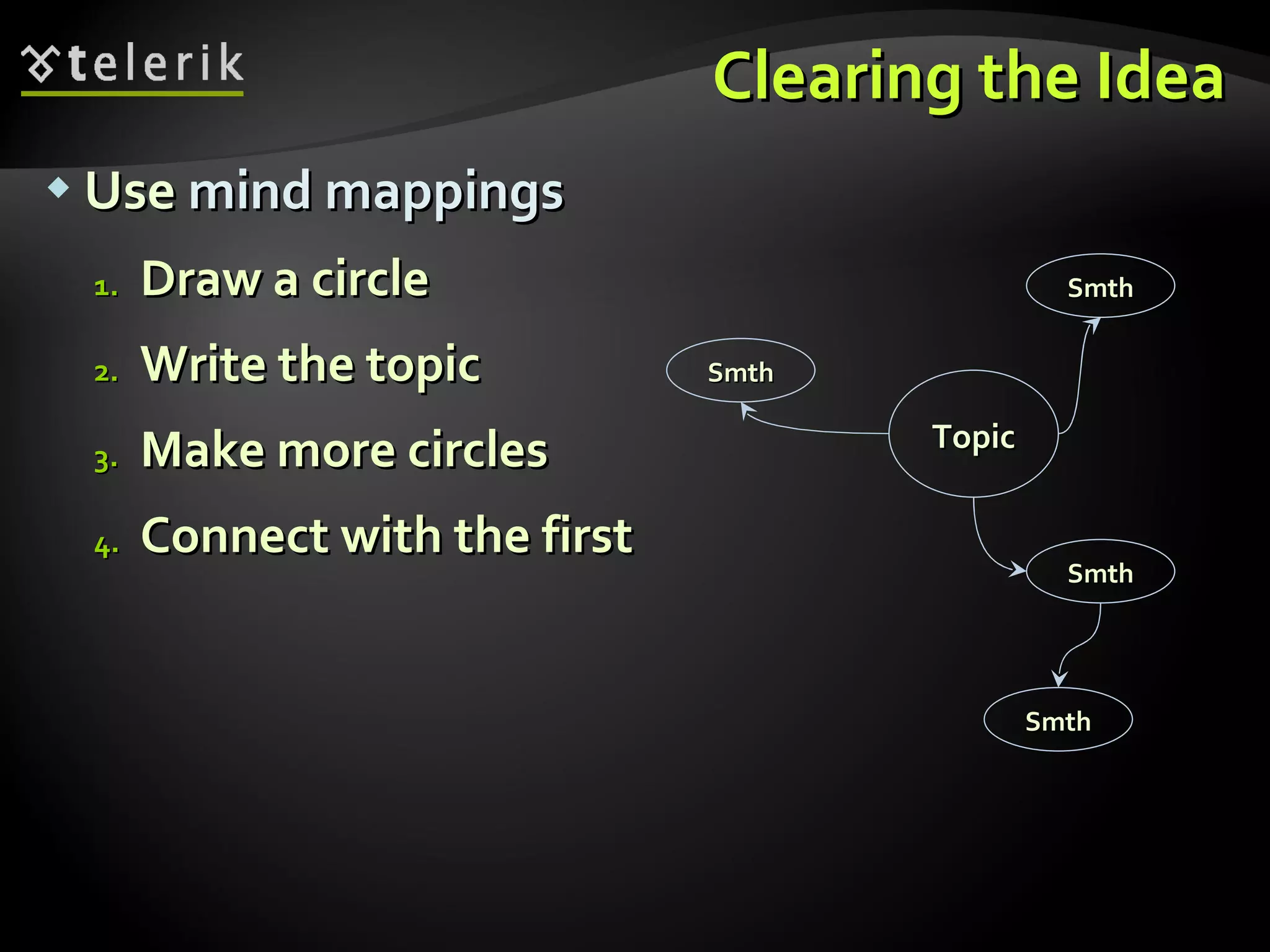 Use  mind mappings Draw a circle  Write the topic Make more circles Connect with the first Clearing the Idea Smth Smth Smth Smth Topic 