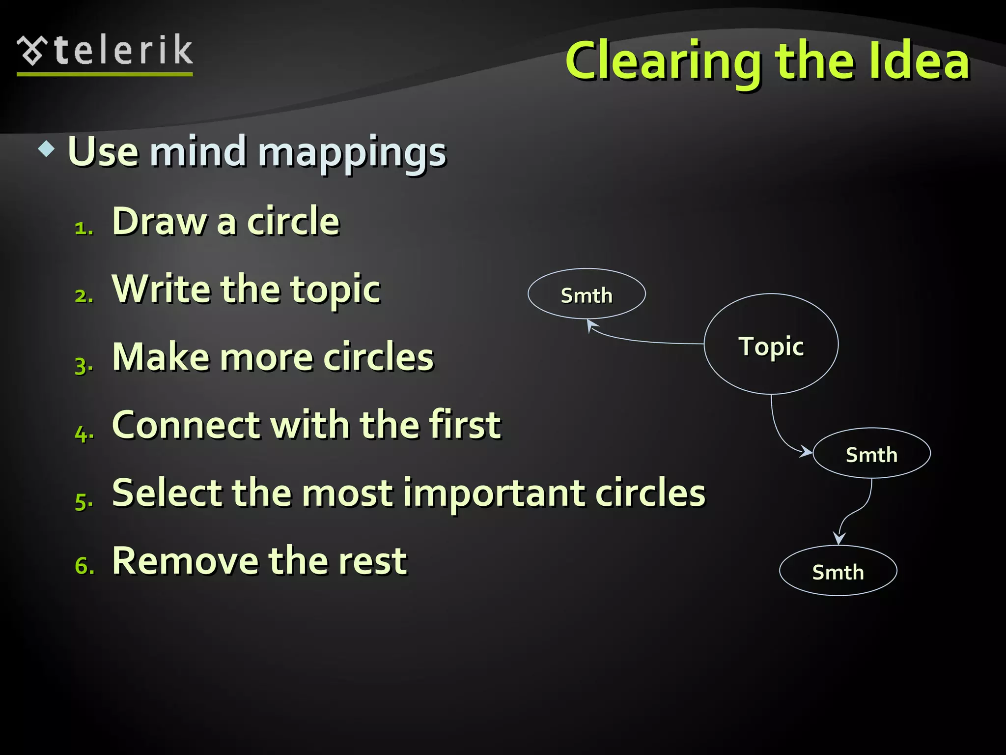 Use  mind mappings Draw a circle  Write the topic Make more circles Connect with the first Select the most important circles Remove the rest Clearing the Idea Smth Smth Smth Topic 