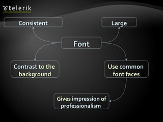 Font Contrast  to the  background Consistent Large Use  common   font faces Gives  impression  of  professionalism  