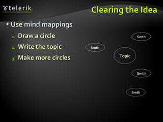 Use  mind mappings Draw a circle  Write the topic Make more circles Clearing the Idea Smth Smth Smth Smth Topic 