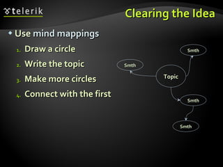 Use  mind mappings Draw a circle  Write the topic Make more circles Connect with the first Clearing the Idea Smth Smth Smth Smth Topic 