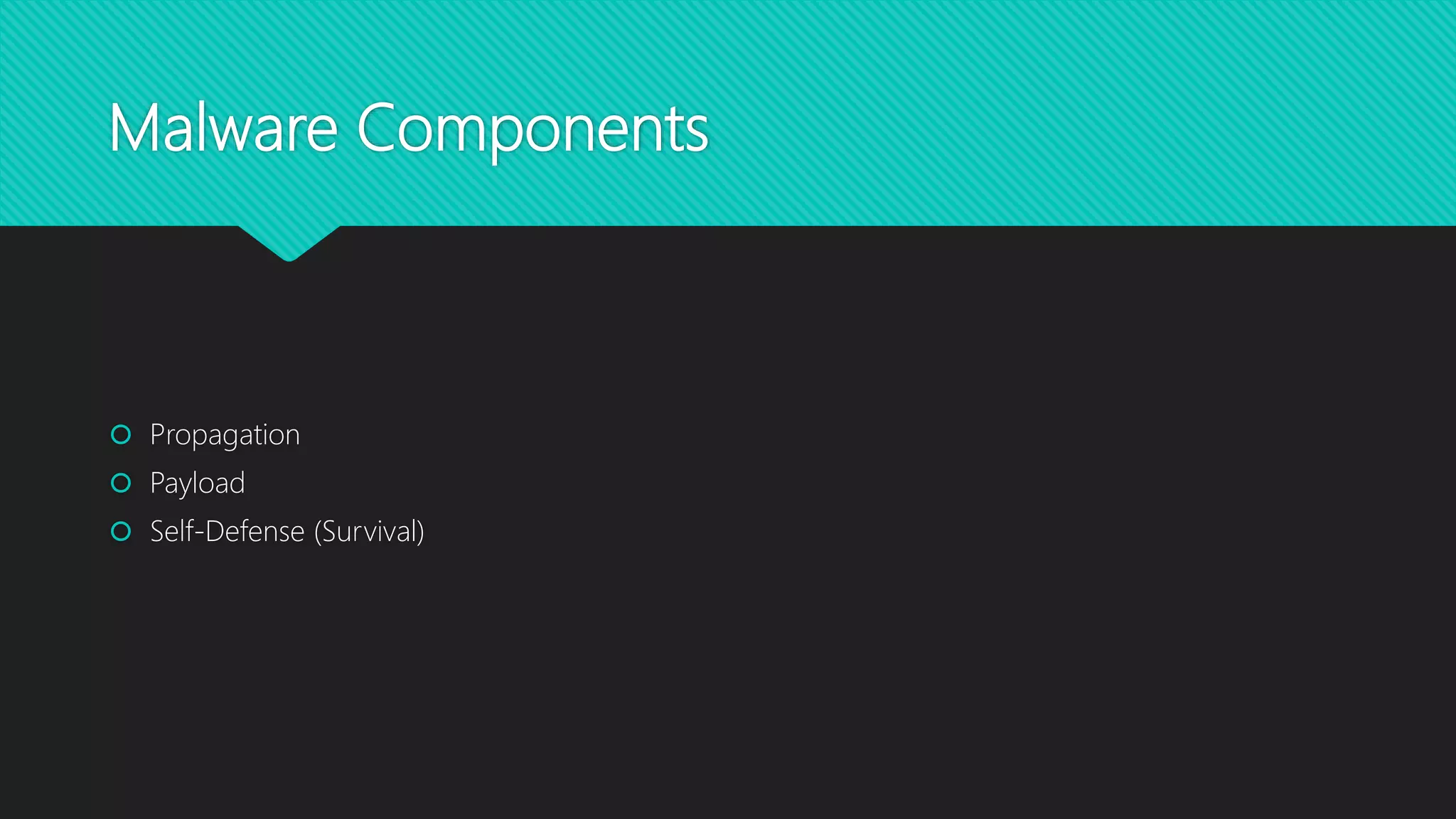 Malware Components
 Propagation
 Payload
 Self-Defense (Survival)
 