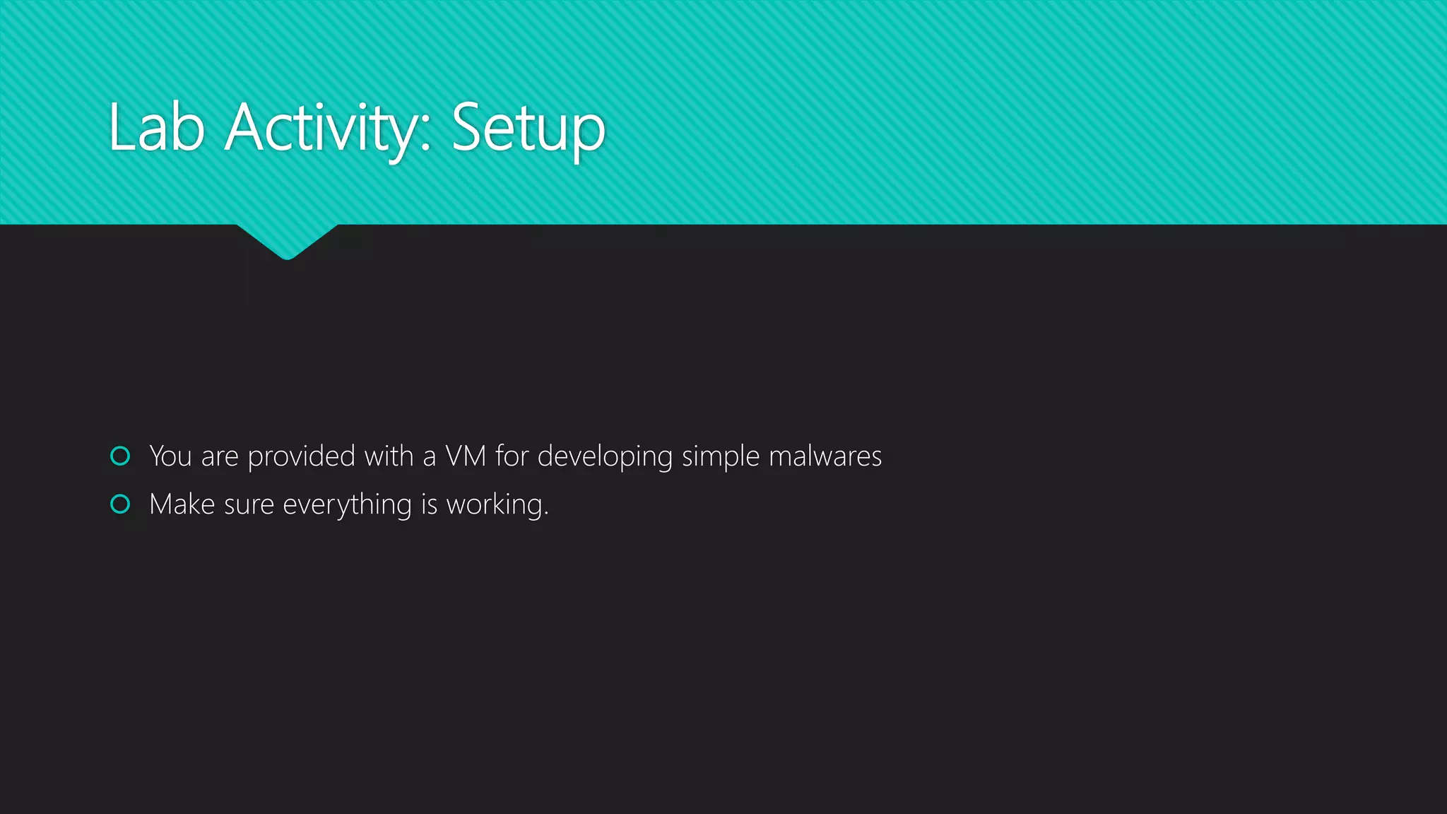 Lab Activity: Setup
 You are provided with a VM for developing simple malwares
 Make sure everything is working.
 