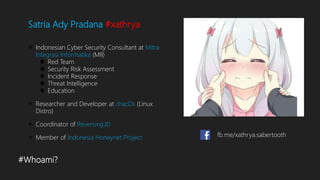 #Whoami?
Satria Ady Pradana #xathrya
Indonesian Cyber Security Consultant at Mitra
Integrasi Informatika (MII)
Red Team
Security Risk Assessment
Incident Response
Threat Intelligence
Education
Researcher and Developer at dracOs (Linux
Distro)
Coordinator of Reversing.ID
Member of Indonesia Honeynet Project fb.me/xathrya.sabertooth
 