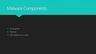 Malware Components
 Propagation
 Payload
 Self-Defense (Survival)
 