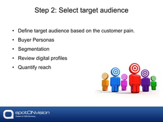 • Define target audience based on the customer pain.
• Buyer Personas
• Segmentation
• Review digital profiles
• Quantify reach
Step 2: Select target audience
 