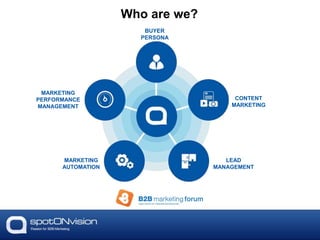 MARKETING
PERFORMANCE
MANAGEMENT
BUYER
PERSONA
CONTENT
MARKETING
LEAD
MANAGEMENT
MARKETING
AUTOMATION
Who are we?
 