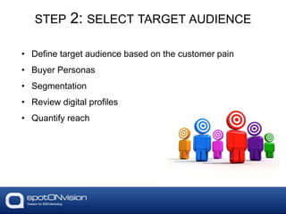 • Define target audience based on the customer pain
• Buyer Personas
• Segmentation
• Review digital profiles
• Quantify reach
STEP 2: SELECT TARGET AUDIENCE
 