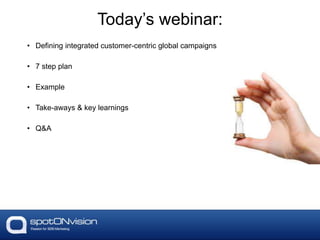 • Defining integrated customer-centric global campaigns
• 7 step plan
• Example
• Take-aways & key learnings
• Q&A
Today’s webinar:
 