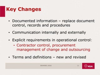 Key Changes
• Documented information – replace document
control, records and procedures
• Communication internally and externally
• Explicit requirements in operational control:
• Contractor control, procurement
management of change and outsourcing
• Terms and definitions – new and revised
ISO45001:2018 11
 