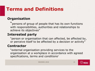 Terms and Definitions
Organisation
“persons of group of people that has its own functions
with responsibilities, authorities and relationships to
achieve its objectives”
Interested party
“person or organisation that can affected, be affected by,
or perceive itself to be affected by a decision or activity”
Contractor
“external organisation providing services to the
organisation at a workplace in accordance with agreed
specifications, terms and conditions”
ISO45001:2018 15
 