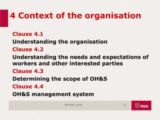4 Context of the organisation
Clause 4.1
Understanding the organisation
Clause 4.2
Understanding the needs and expectations of
workers and other interested parties
Clause 4.3
Determining the scope of OH&S
Clause 4.4
OH&S management system
ISO45001:2018 21
 