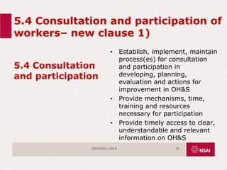 5.4 Consultation and participation of
workers– new clause 1)
5.4 Consultation
and participation
• Establish, implement, maintain
process(es) for consultation
and participation in
developing, planning,
evaluation and actions for
improvement in OH&S
• Provide mechanisms, time,
training and resources
necessary for participation
• Provide timely access to clear,
understandable and relevant
information on OH&S
ISO45001:2018 30
 