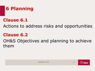 6 Planning
Clause 6.1
Actions to address risks and opportunities
Clause 6.2
OH&S Objectives and planning to achieve
them
ISO45001:2018 32
 