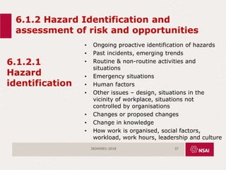 6.1.2 Hazard Identification and
assessment of risk and opportunities
6.1.2.1
Hazard
identification
• Ongoing proactive identification of hazards
• Past incidents, emerging trends
• Routine & non-routine activities and
situations
• Emergency situations
• Human factors
• Other issues – design, situations in the
vicinity of workplace, situations not
controlled by organisations
• Changes or proposed changes
• Change in knowledge
• How work is organised, social factors,
workload, work hours, leadership and culture
ISO45001:2018 37
 