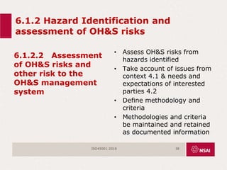 6.1.2 Hazard Identification and
assessment of OH&S risks
6.1.2.2 Assessment
of OH&S risks and
other risk to the
OH&S management
system
• Assess OH&S risks from
hazards identified
• Take account of issues from
context 4.1 & needs and
expectations of interested
parties 4.2
• Define methodology and
criteria
• Methodologies and criteria
be maintained and retained
as documented information
ISO45001:2018 38
 