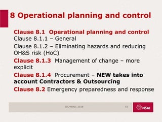 8 Operational planning and control
Clause 8.1 Operational planning and control
Clause 8.1.1 – General
Clause 8.1.2 – Eliminating hazards and reducing
OH&S risk (HoC)
Clause 8.1.3 Management of change – more
explicit
Clause 8.1.4 Procurement – NEW takes into
account Contractors & Outsourcing
Clause 8.2 Emergency preparedness and response
ISO45001:2018 51
 