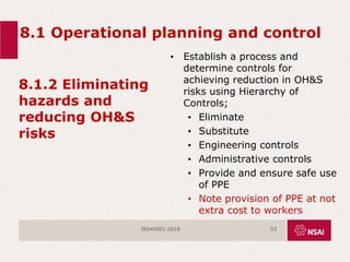 8.1 Operational planning and control
8.1.2 Eliminating
hazards and
reducing OH&S
risks
• Establish a process and
determine controls for
achieving reduction in OH&S
risks using Hierarchy of
Controls;
• Eliminate
• Substitute
• Engineering controls
• Administrative controls
• Provide and ensure safe use
of PPE
• Note provision of PPE at not
extra cost to workers
ISO45001:2018 53
 