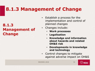 8.1.3 Management of Change
8.1.3
Management of
Change
• Establish a process for the
implementation and control of
planned changes
• Changes include:
• Work processes
• Legalisation
• Knowledge and information
about hazards and related
OH&S risk
• Developments in knowledge
and technology
• Control changes to mitigate
against adverse impact on OH&S
ISO45001:2018 54
 