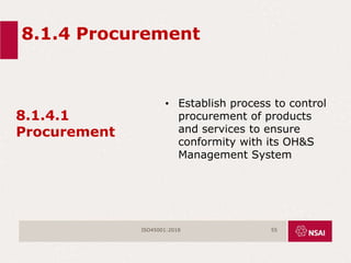 8.1.4 Procurement
8.1.4.1
Procurement
• Establish process to control
procurement of products
and services to ensure
conformity with its OH&S
Management System
ISO45001:2018 55
 