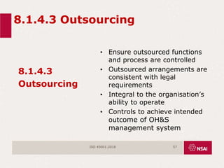 8.1.4.3 Outsourcing
8.1.4.3
Outsourcing
• Ensure outsourced functions
and process are controlled
• Outsourced arrangements are
consistent with legal
requirements
• Integral to the organisation’s
ability to operate
• Controls to achieve intended
outcome of OH&S
management system
ISO 45001:2018 57
 