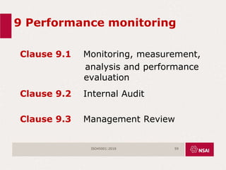 9 Performance monitoring
Clause 9.1 Monitoring, measurement,
analysis and performance
evaluation
Clause 9.2 Internal Audit
Clause 9.3 Management Review
ISO45001:2018 59
 