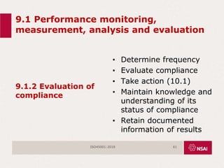 9.1 Performance monitoring,
measurement, analysis and evaluation
9.1.2 Evaluation of
compliance
• Determine frequency
• Evaluate compliance
• Take action (10.1)
• Maintain knowledge and
understanding of its
status of compliance
• Retain documented
information of results
ISO45001:2018 61
 