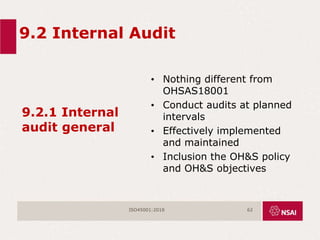 9.2 Internal Audit
9.2.1 Internal
audit general
• Nothing different from
OHSAS18001
• Conduct audits at planned
intervals
• Effectively implemented
and maintained
• Inclusion the OH&S policy
and OH&S objectives
ISO45001:2018 62
 