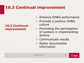 10.3 Continual improvement
10.3 Continual
improvement
• Enhance OH&S performance
• Promote a positive OH&S
culture
• Promoting the participation
of workers in implementing
actions
• Communicate results
• Retain documented
information
ISO45001:2018 67
 