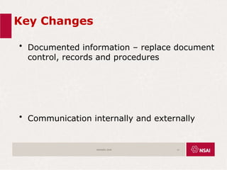 Key Changes
• Documented information – replace document
control, records and procedures
• Communication internally and externally
ISO45001:2018 11
 