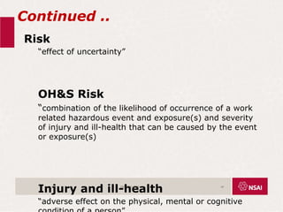 Continued ..
Risk
“effect of uncertainty”
OH&S Risk
“combination of the likelihood of occurrence of a work
related hazardous event and exposure(s) and severity
of injury and ill-health that can be caused by the event
or exposure(s)
Injury and ill-health
“adverse effect on the physical, mental or cognitive
ISO45001:2018 18
 