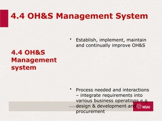 4.4 OH&S Management System
4.4 OH&S
Management
system
• Establish, implement, maintain
and continually improve OH&S
• Process needed and interactions
– integrate requirements into
various business operations e.g.
design & development and
procurement
ISO45001:2018 25
 