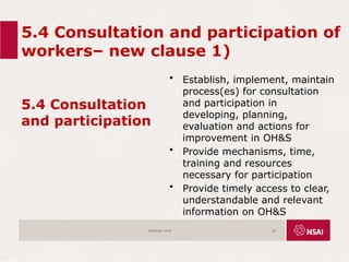 5.4 Consultation and participation of
workers– new clause 1)
5.4 Consultation
and participation
• Establish, implement, maintain
process(es) for consultation
and participation in
developing, planning,
evaluation and actions for
improvement in OH&S
• Provide mechanisms, time,
training and resources
necessary for participation
• Provide timely access to clear,
understandable and relevant
information on OH&S
ISO45001:2018 30
 