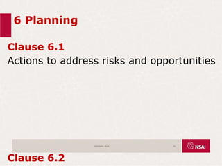 6 Planning
Clause 6.1
Actions to address risks and opportunities
Clause 6.2
ISO45001:2018 32
 