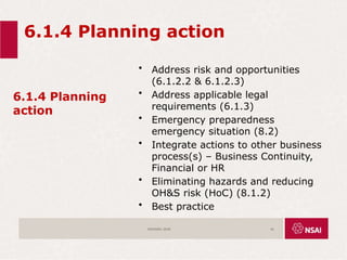 6.1.4 Planning action
6.1.4 Planning
action
• Address risk and opportunities
(6.1.2.2 & 6.1.2.3)
• Address applicable legal
requirements (6.1.3)
• Emergency preparedness
emergency situation (8.2)
• Integrate actions to other business
process(s) – Business Continuity,
Financial or HR
• Eliminating hazards and reducing
OH&S risk (HoC) (8.1.2)
• Best practice
ISO45001:2018 41
 