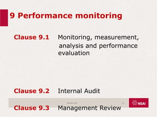 9 Performance monitoring
Clause 9.1 Monitoring, measurement,
analysis and performance
evaluation
Clause 9.2 Internal Audit
Clause 9.3 Management Review
ISO45001:2018 59
 