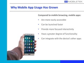 Why Mobile App Usage Has Grown
Compared to mobile browsing, mobile apps:
• Are more easily accessible
• Can be launched faster
• Provide more focused interactivity
• Have a greater degree of functionality
• Can integrate with the device’s other apps
 