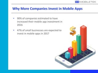 Why More Companies Invest in Mobile Apps
• 90% of companies estimated to have
increased their mobile app investment in
2016
• 47% of small businesses are expected to
invest in mobile apps in 2017
 