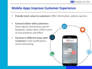 Mobile Apps Improve Customer Experience
• Connect better with customers:
Have regular interactions, garner
feedback, collate data, inform users
of new products and offers
• Connect in different ways with
customers: Push notifications,
social networking
• Provide more value to customers: Offer information, address queries
 