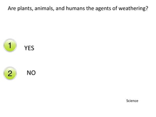 Yes
No
Are plants, animals, and humans the agents of weathering?
ooYES
NO
Science
 