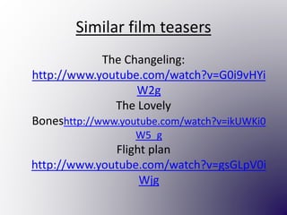 Similar film teasers
The Changeling:
http://www.youtube.com/watch?v=G0i9vHYi
W2g
The Lovely
Boneshttp://www.youtube.com/watch?v=ikUWKi0
W5_g
Flight plan
http://www.youtube.com/watch?v=gsGLpV0i
Wjg
 