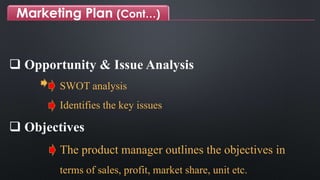 Marketing Plan (Cont…)
 Opportunity & Issue Analysis
SWOT analysis
Identifies the key issues
 Objectives
The product manager outlines the objectives in
terms of sales, profit, market share, unit etc.
 