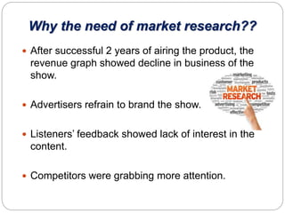 Why the need of market research??
 After successful 2 years of airing the product, the
revenue graph showed decline in business of the
show.
 Advertisers refrain to brand the show.
 Listeners’ feedback showed lack of interest in the
content.
 Competitors were grabbing more attention.
 