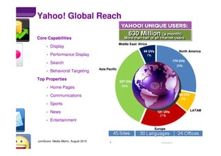 2
Yahoo! Global Reach
10/25/2010
comScore Media Metrix, August 2010
Core Capabilities
• Display
• Performance Display
• Se...