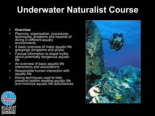 Underwater Naturalist Course Overview : Planning, organisation, procedures, techniques, problems and hazards of diving in different aquatic environments A basic overview of major aquatic life groupings (kingdoms and phyla) Factual information to dispel myths about potentially dangerous aquatic life An overview of basic aquatic life interactions and associations Responsible human interaction with aquatic life Diving techniques used to help preserve bottom dwelling aquatic life and minimize aquatic life disturbances 