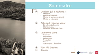 Sommaire
①  Qu’est  ce  que  le  Tourisme  ?  
-­‐  DéﬁniGon  
-­‐  Histoire  du  tourisme  
-­‐  Marché  du  tourisme  en  général    
-­‐  Marché  du  e-­‐tourisme  
②  Acteurs  et  chaîne  de  valeur  
-­‐  Les  acteurs  du  tourisme  
-­‐  Chaîne  de  valeur    
-­‐  L’évoluGon  du  parcours  client    
③  Le  parcours  client  
-­‐  InspiraGon  
-­‐  PlaniﬁcaGon  
-­‐  Comparaison  
-­‐  TransacGon  
-­‐  Séjour  
-­‐  Ambassadeur  /  Détracteur  
④  Pour  aller  plus  loin  
⑤  Sources  
 