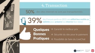 4. Transaction
des  Français  parGs  en  2015  ont  u+lisé  leur  mobile  ou  
tableKe  pour  préparer  ou  réserver  leur  séjour  39%
Quelques  
Bonnes  
Pra+ques  
²  Garan9r  le  meilleur  prix  
²  Sécurité  du  site  pour  le  paiement  
²  Possibilité  de  faire  du  LiveChat  
50% des  sites  internet  ne  sont  pas  transac9onnels  
 