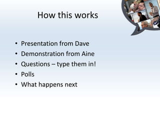 How this worksPresentation from DaveDemonstration from AineQuestions – type them in!PollsWhat happens next