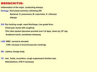 BRONCHITIS:   Inflammation of the major  conducting airways. Etiology:  Viral (most common), following URI Bacterial: S. pneumonia, M. catarrhalis, H. influenza Allergic S/S:  Dry hacking cough, nasal discharge, Low grade fever. Chest pain worse with coughing Thin clear sputum becomes purulent over 3-4 days, clears by 10 th  day Scattered ronchi, sometimes wheezing LAB:  WBC- normal to elevated CXR- increase in bronchovascular markings DD:   asthma, foreign body TX:   rest,  fluids, mucolitics, cough suppressant (limited use),  Nebulizations, ATB if necessary 